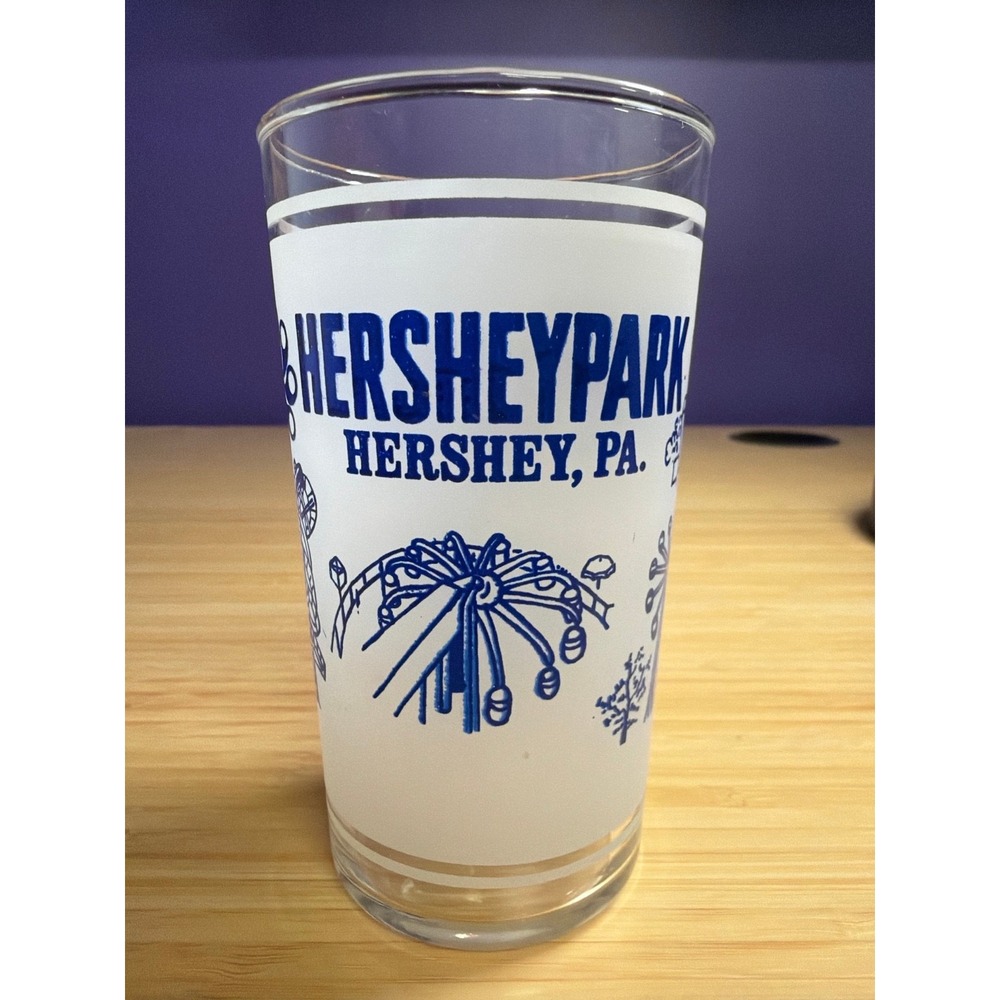 Vintage Hersheypark Hershey PA Frosted Drinking Glass‎ Blue White